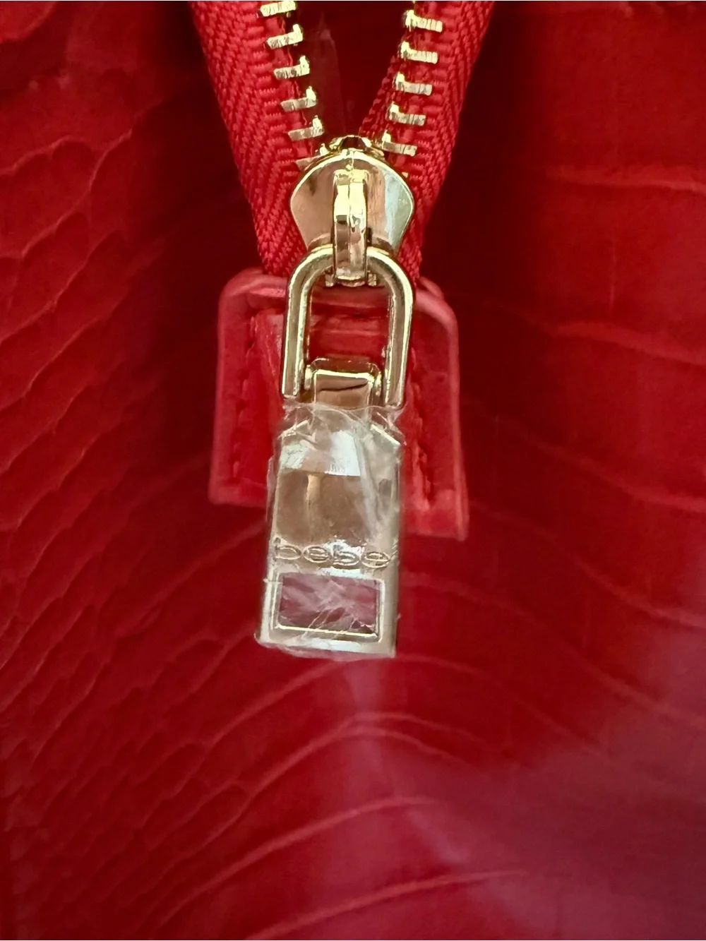 NWT BEBE Red Croc Embossed Handbag Braided Top Handles/Tassels/Crossbody Strap